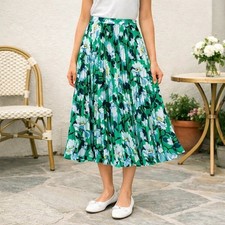 Anthropologie Maeve Floral Green Pleated Midi  Skirt Sz X-Small Feminine Spring