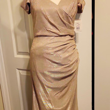 David's Bridal Women's Champagne Metallic Knit Ruched Gown Long Off Shoulder 6