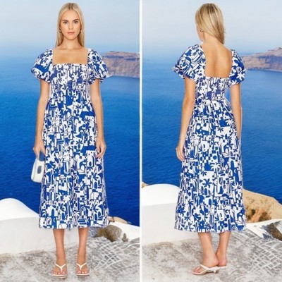 NWT Show Me Your Mumu Afternoon Tea Smocked Dress Santorini Escape Sz M Pockets