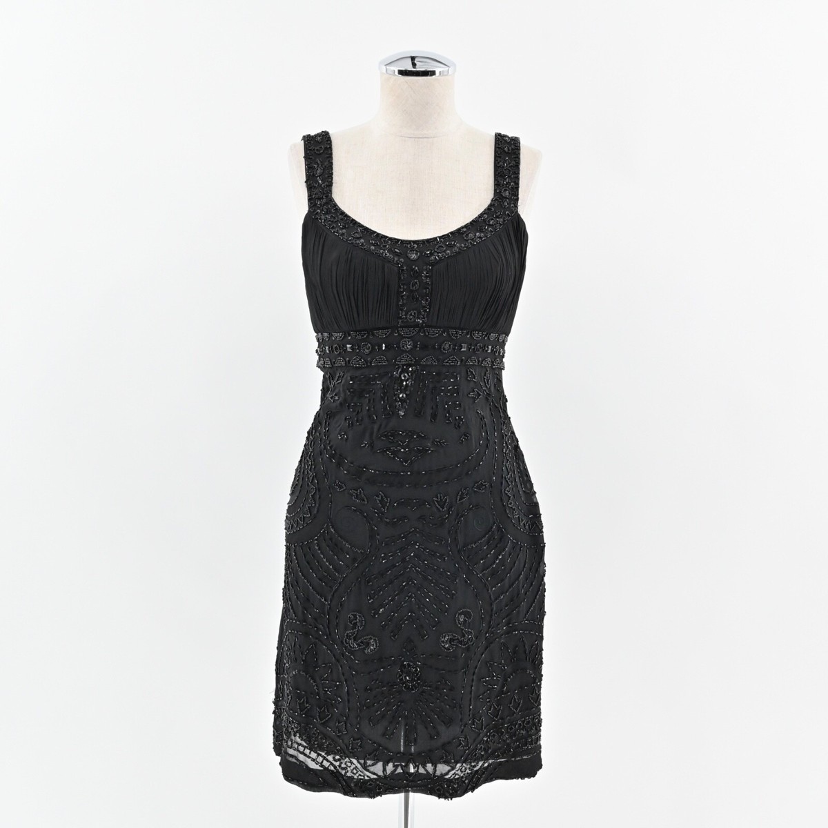 Vtg Y2k SUE WONG Babydoll Dress Size 2 Black Silk Sequin Beaded Empire Waist