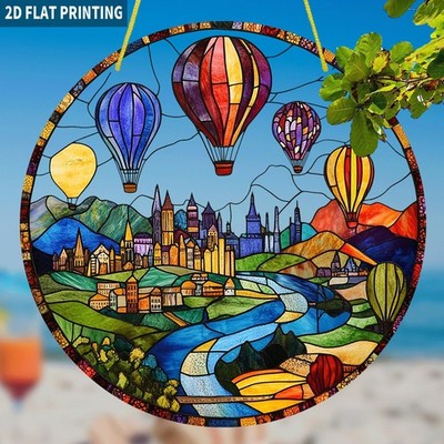 2D Whimsical Hot Air Balloon Cityscape Sun Catcher Acrylic Sign Home Wall Decor