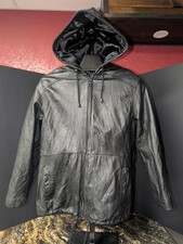 Wilson Leather Jacket Womens L Black Parka Hooded Quilted Belted Genuine Real