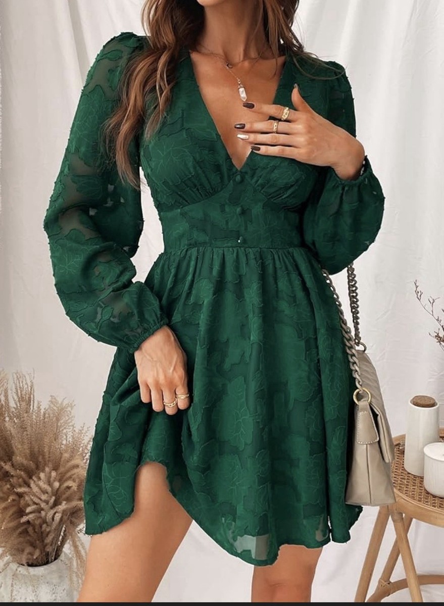 Green Floral Chiffon Sheer Balloon Sleeve V-Neck Mini A-Line Dress | eBay
