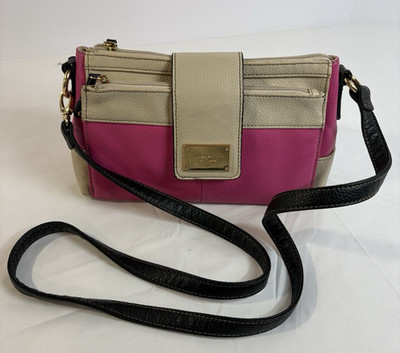 Tignanello Leather Hot Pink Taupe Crossbody Bag Purse Black Strap Barbie Preppy