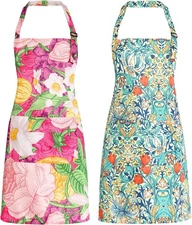 2 Pack Floral Aprons with Pocket Adjustable Kitchen Cooking Aprons for Women