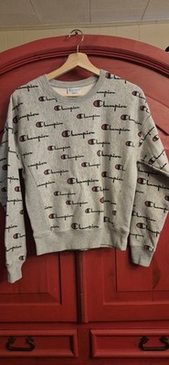 Champion Size Adult Small Reverse Weave Gray All-over Logo Crewneck Sweatshirt 