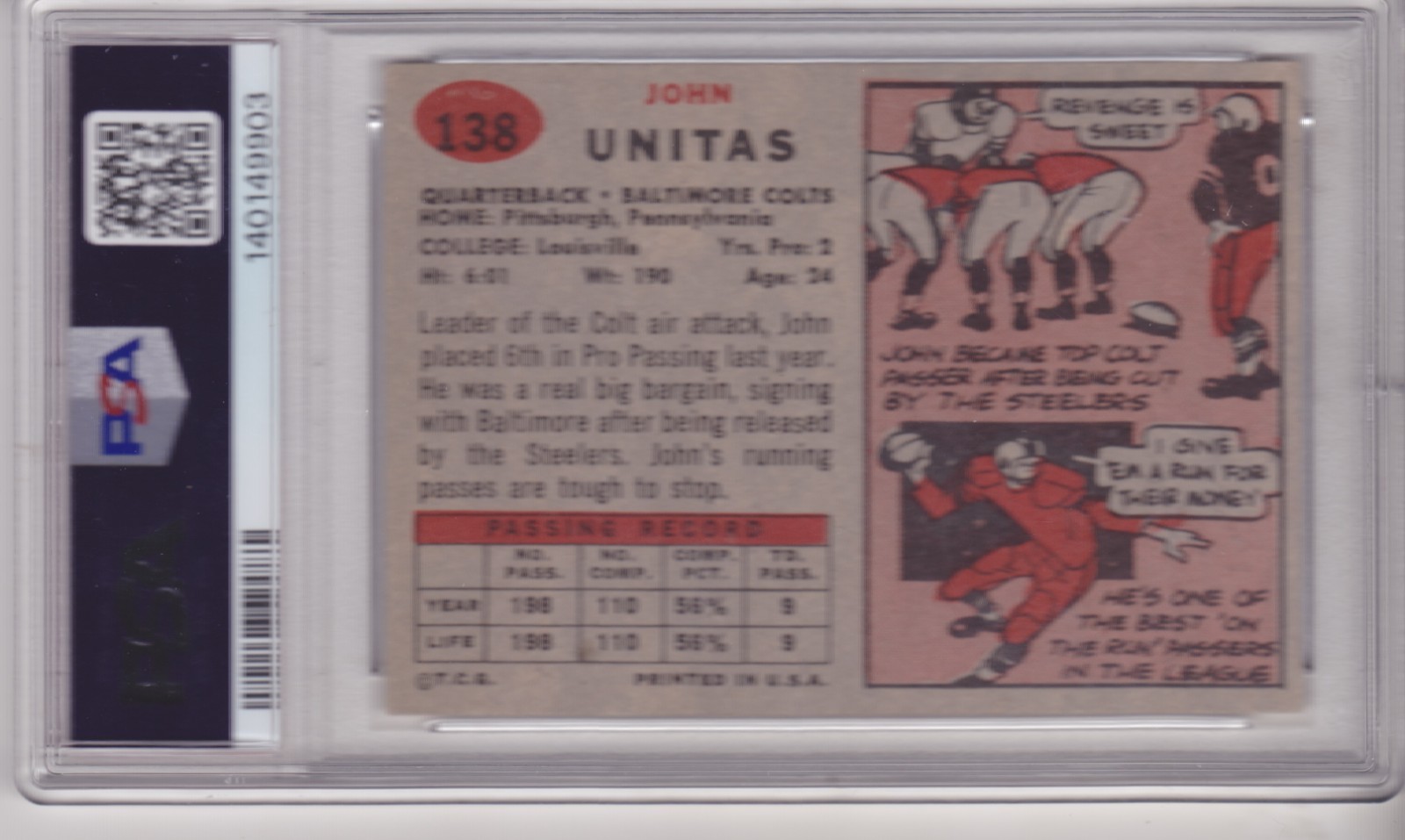 NICE & COLORFUL JOHN UNITAS PSA 6 1957 Topps #138 ROOKIE Baltimore Colts HOF view 2