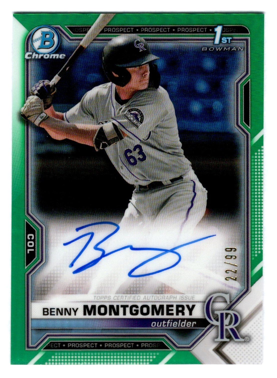 Benny Montgomery 2021 Bowman Chrome 1st Year Green Refractor Autograph 22/99