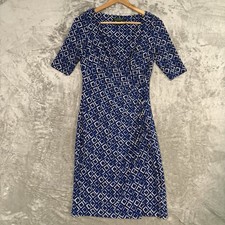 Lauren Ralph Lauren Faux Wrap Sheath Dress Women 4 Blue White Geometric Midi