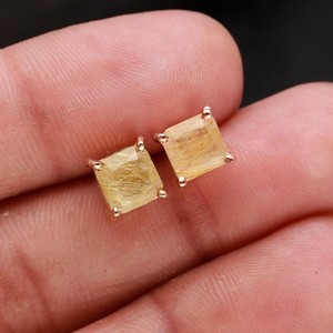 Authentic Natural Golden Rutile Square Stud Earrings Rose Gold Plated Solid Silver Jewelry