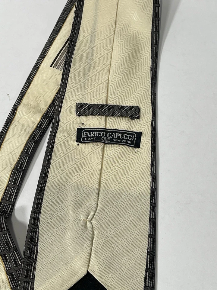 Enrico Capucci Silk Tie Art Deco Cream Black Geometric Retro Mens Necktie - Image 4 of 4