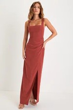 Lulus Women Glamorous Disposition Ruched Maxi Dress Orange Basic Sleeved Medium