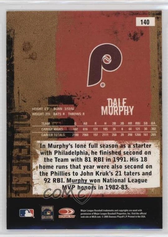 2005 Donruss Leather & Lumber Dale Murphy #140 - Image 2 of 2