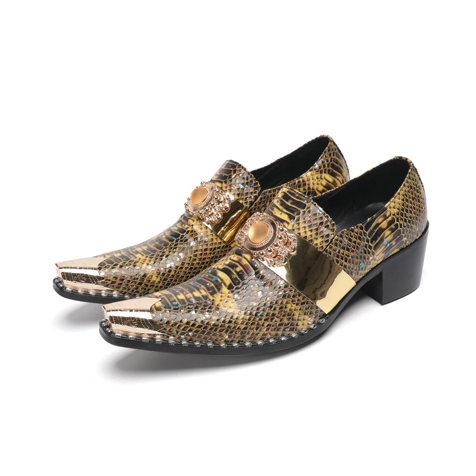 Mens Pointed Toe Real Leather Pull on Cuban Heel Snakeskin Print Nightclub Shoes - Image 3 of 4