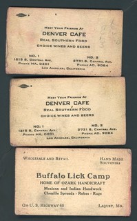 DENVER Cafe & Buffalo Lick Camp Route 66 LOU'S JOLLY CLUB Business Cards 1950's
