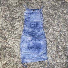 Windsor Blue Tie Dye Ribbed Ruched Bodycon Mini Dress Strappy Scoop Neck, Size S