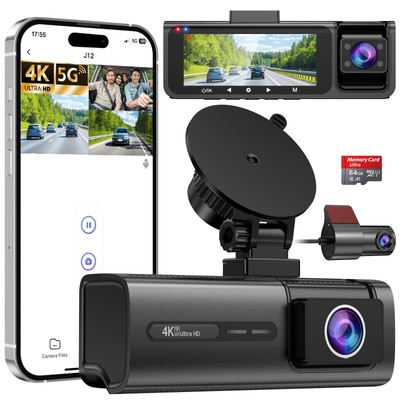 3 Channel WiFi Dash Cam, 4K+1080P+1080P Front Inside and Rear, Triple Dash Ca...