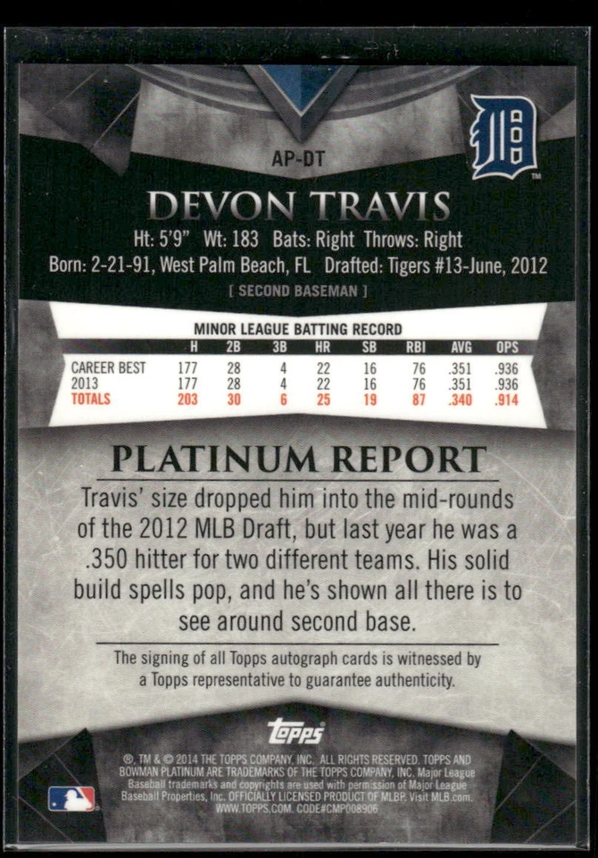 #AP-DT Devon Travis 2014 Bowman Platinum #/399 Auto Green Refractors - Image 2 of 2