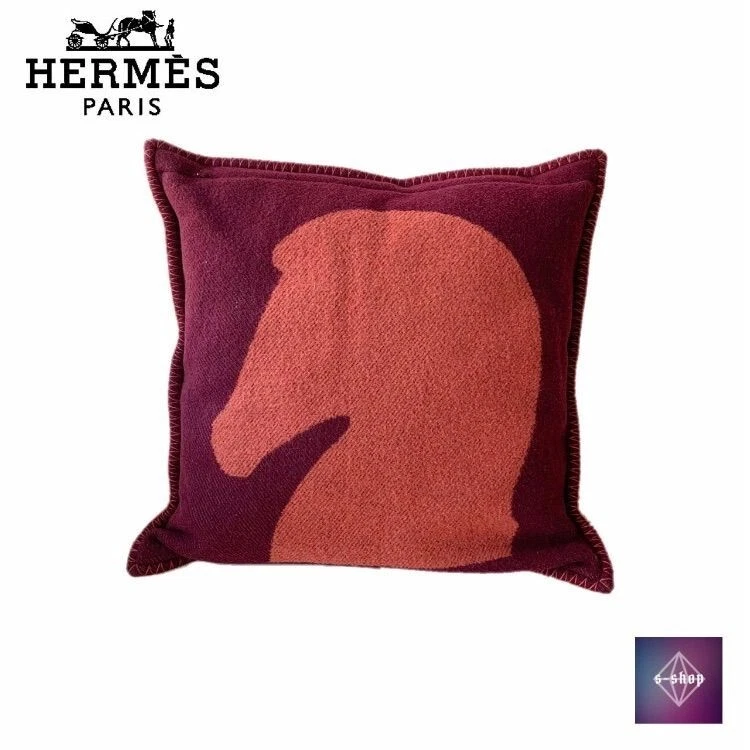 Good condition HERMES Cushion Cover Horse Red Orange Interior Wool Cashmere