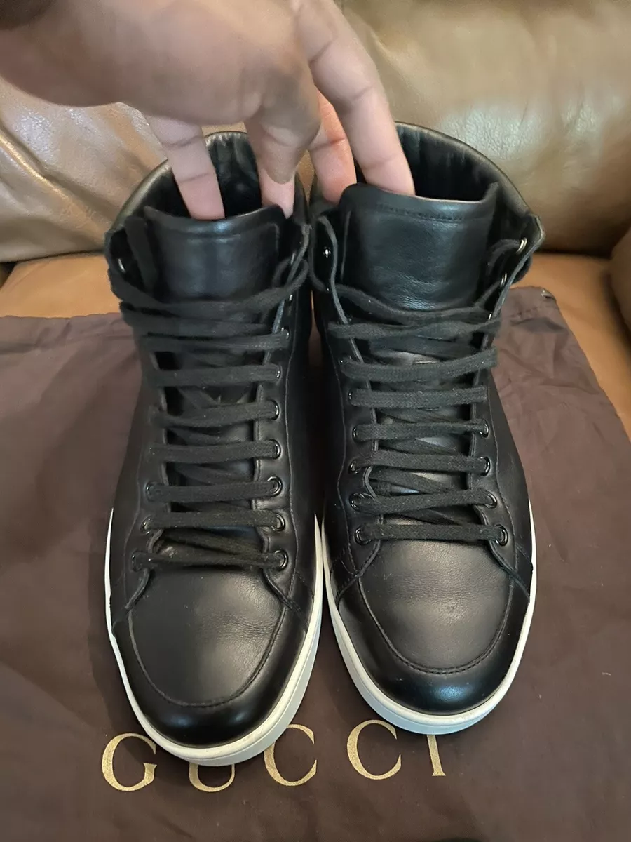 PRE-OWNED GUCCI BLACK LEATHER HIGH TRAINERS ACE SNEAKERS MEN SIZE 8.5 | eBay