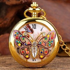 Luxury Golden Quartz Pocket Watch with 3D Butterfly Dragonfly Roman Number Chain