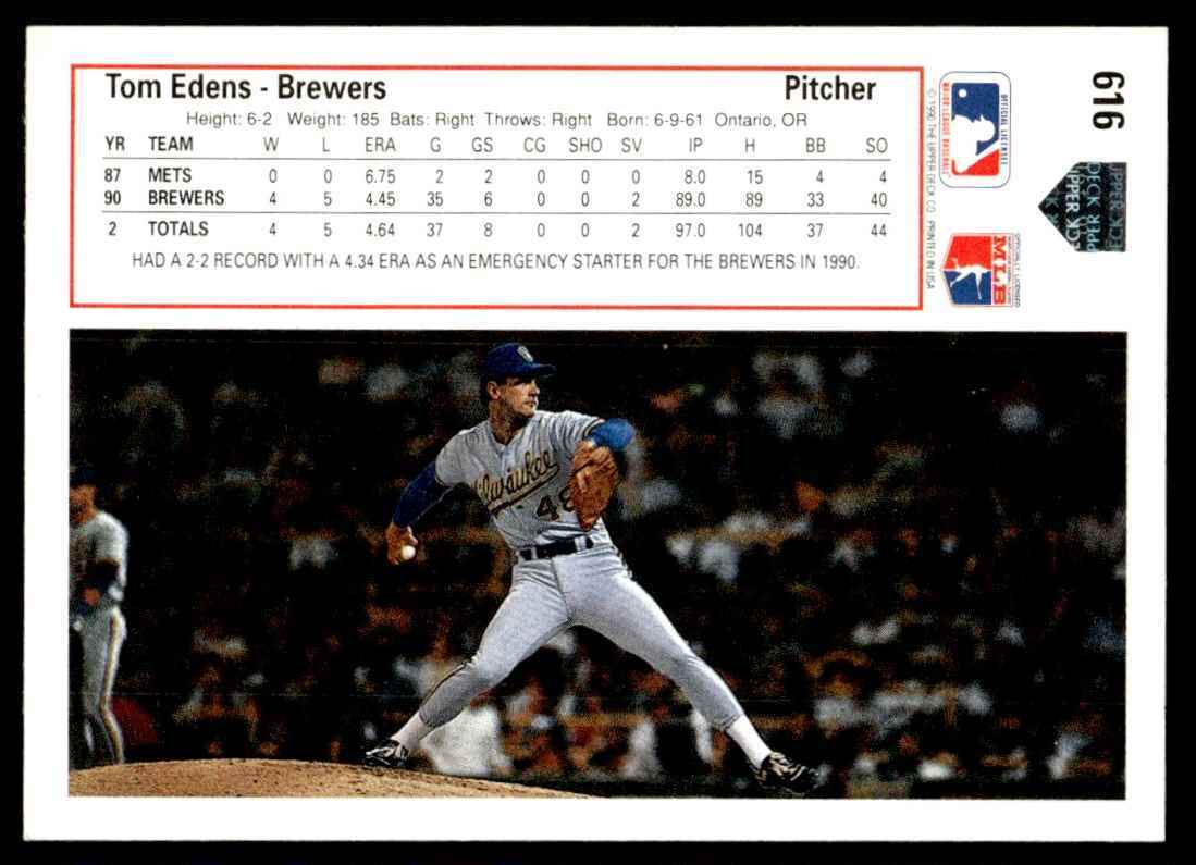 1991 Upper Deck #616 Tom Edens Rookie Milwaukee Brewers | eBay