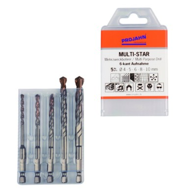 Multi-Star Mehrzweckbohrer Satz 5-tlg. 6-kant 4, 5, 6, 8, 10 mm