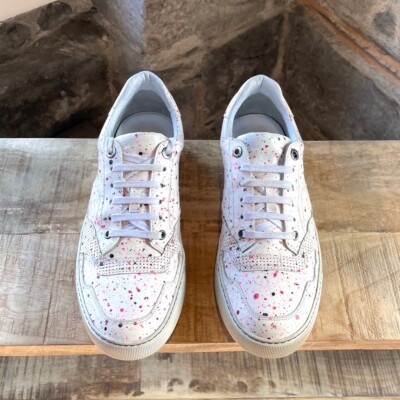 Lanvin White Tennis Sneakers with Paint-Splatter Effect - Size 8