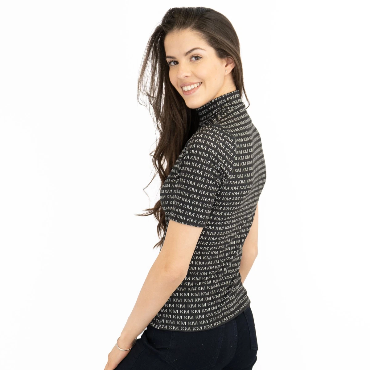 Karen Millen Womens Top T Shirt Black KM Print Short Sleeve Summer Workwear