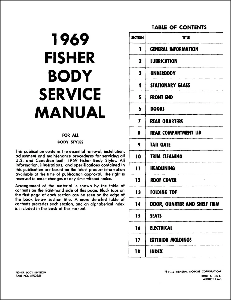 1969 Pontiac Corpo Manuale 69 Gto Tempest Lemans Firebird Trans Am Grand Prix - Immagine 2 di 2