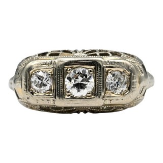 ANTIKER ART DECO RING DREI STEINE ALT EURO DIAMANT FILIGRAN 14K WEISSGOLD