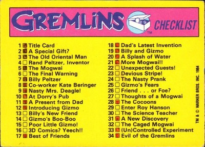 Gremlins Topps Picture Card Series 1984 Warner Bros No.82 Checklist Karte