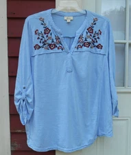 Style & Co. Size 3X Blue Long Roll Tab Sleeve Embroidered Boho Cotton Blouse