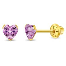 14k Yellow Gold Girl's 5mm Simulated Birthstone CZ Heart Screw Back Earrings