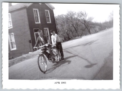 #ad #ad Vtg Bamp;W Snapshot Two Boys Riding Bicycle On Street By Brick House 1963 $7.99