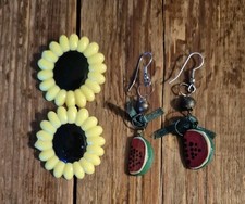 Lot de 2 paires de boucles d'oreilles kitsch vintage country cottagecore pastèque et tournesols