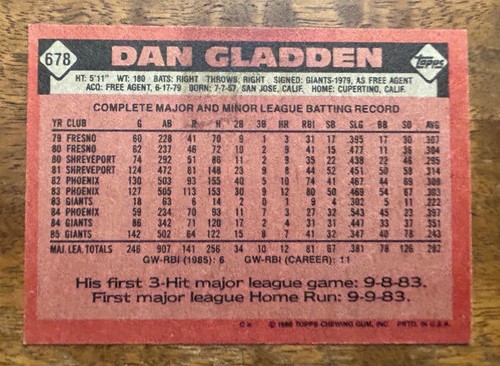 1986 Topps Dan Gladden #678 San Francisco Giants - Picture 2 of 2