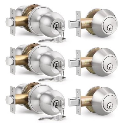 Brotima 3 Pack Keyed Entry Door Knob and Single 3 Pack, Brushed Nickel 