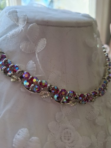 Vintage Choker Necklace Pink Aurora Borealis Silver Tone Adjustable Hook Signed