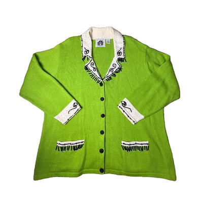 Storybook Knits Lime Green Collared Cardigan Sweater White Black Beaded Sz 2X