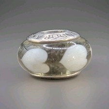Pandora Sterling Silver Grey White Hearts Murano Glass Charm