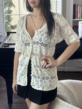 Vintage Crochet L Floral Cardigan Short Sleeve V-Neck Top Ivory
