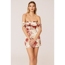 Reformation Lanelle Silk Rose Floral Off The Shoulder Dress Red Cream 12 NWT