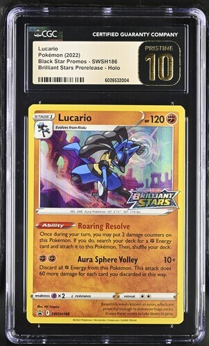 POKEMON CGC PRISTINE 10 LUCARIO PRERELEASE HOLO SWSH186 BRILLIANT STARS PROMO