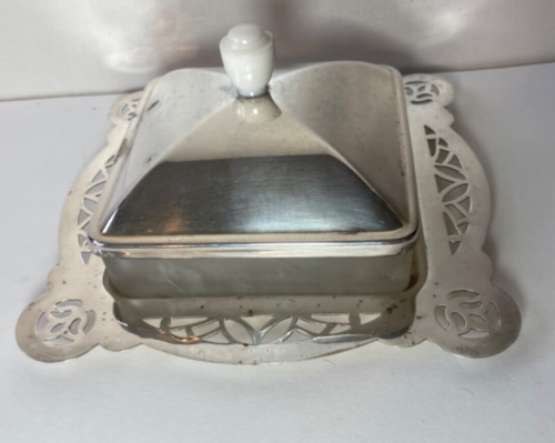 ein Teller Silberteller Vintage Butterschale mit mattiertem Glas - Bild 1 von 11