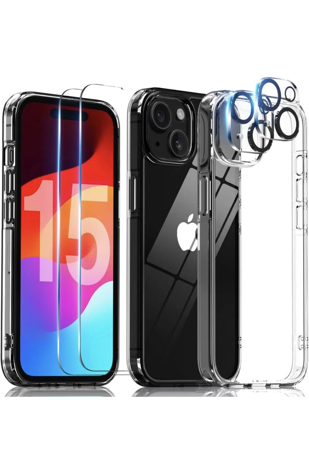 iPhone 15 Case, 6.1”, Clear,  With 2 Tempered Glass Screen + Camera Protectors-image