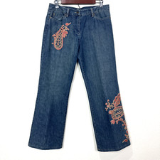 Women TELLURIDE Med Wash Jeans Pants SZ 8 Floral Orange Embroidery VTG