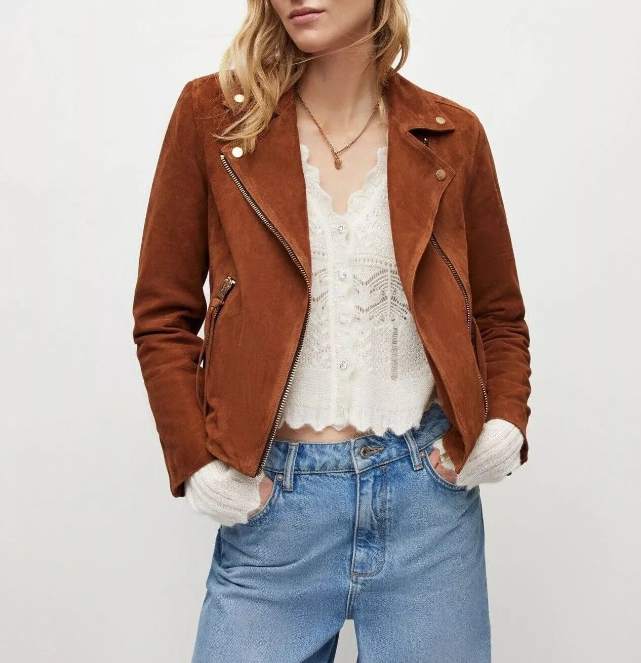 Women Brown Biker Original Soft Suede Leather Jacket Handmade Stylish New Casual