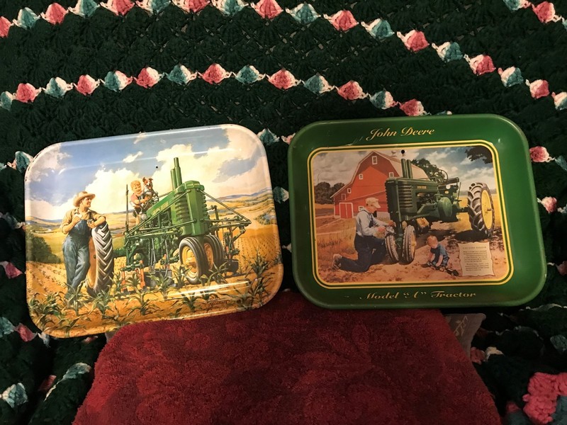 2- John Deere "LUNCH TIME"&"Pint Size Shadow Metal Tray Model A & B Tractors 