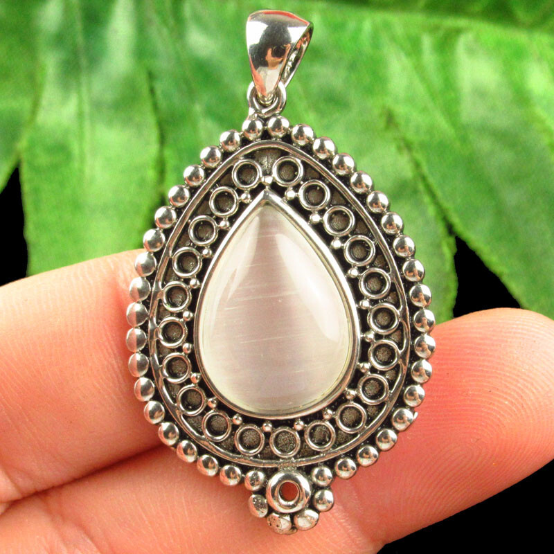 B66970 White Cat Eye Gem Rhinestone Tibetan Silver Teardrop Pendant Bead